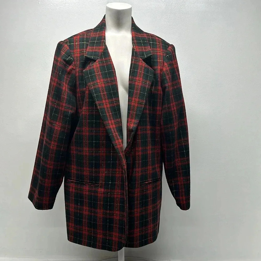 Sag Harbor Blazer Jacket Long Sleeve Plaid Wool Green Red Plus Size 20 W 20W